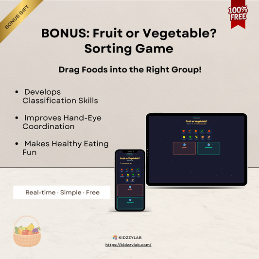 Promotional graphic for a fruit and vegetable sorting game app on a tablet and phone.