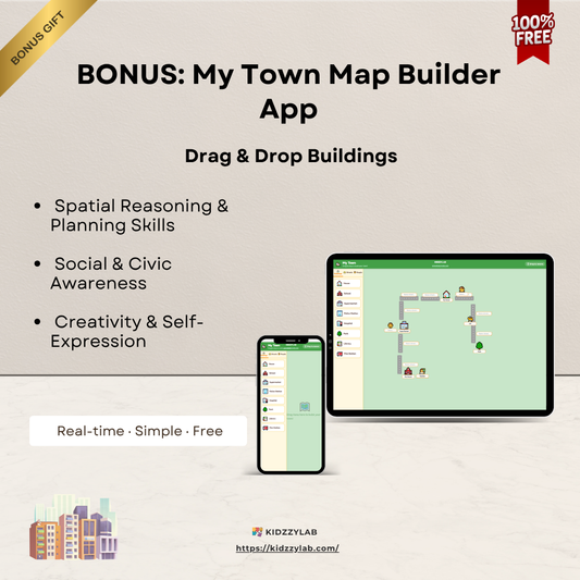 Promotional graphic for a My Town Map Builder App with a tablet and smartphone displaying the app interface.