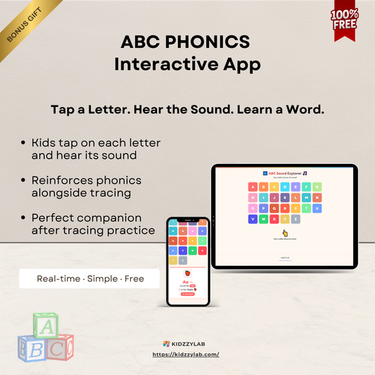 Advertisement for ABC Phonics Interactive App with tablet and phone displaying app interface.