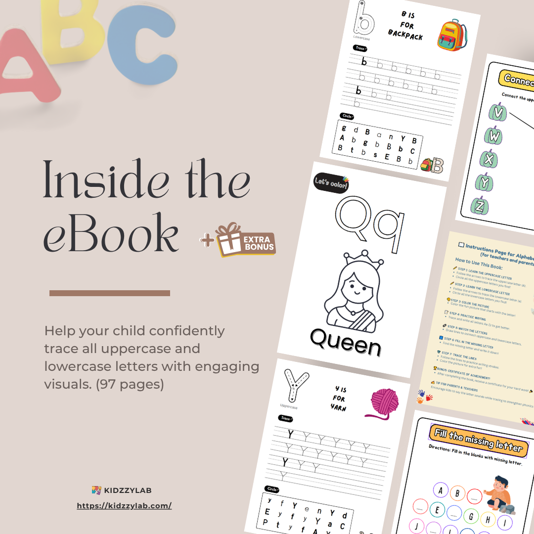 Educational children's worksheets with letters and graphics on a light background