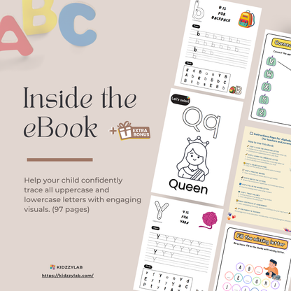 Educational children's worksheets with letters and graphics on a light background