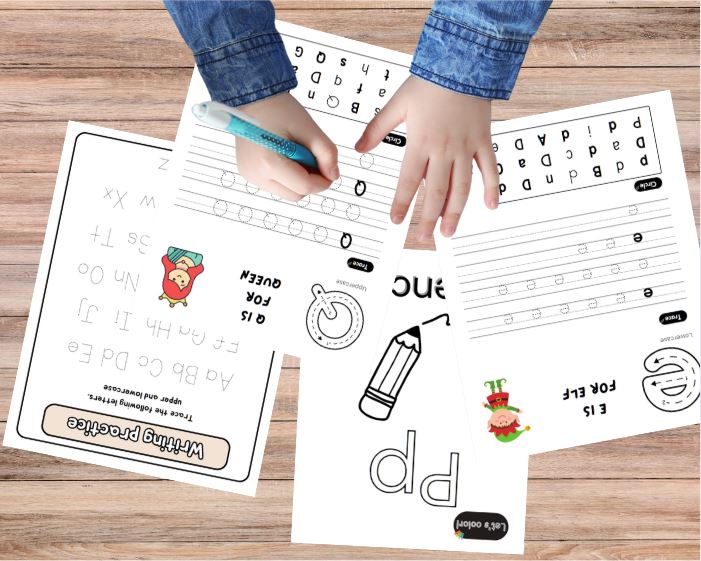 Children's hands working on alphabet worksheets with a pen on a wooden surface.
