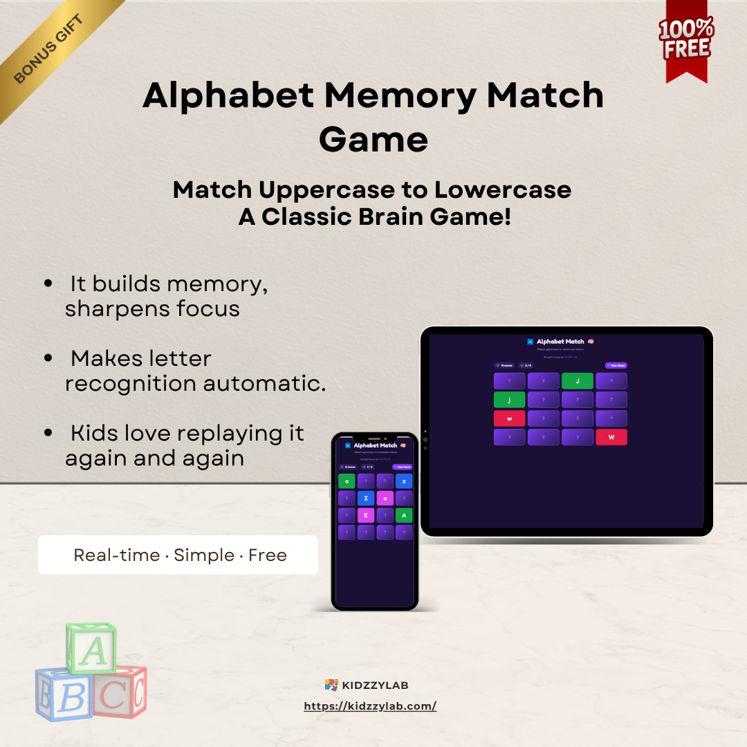 Advertisement for an Alphabet Memory Match Game with tablet and phone screens showing the game interface.