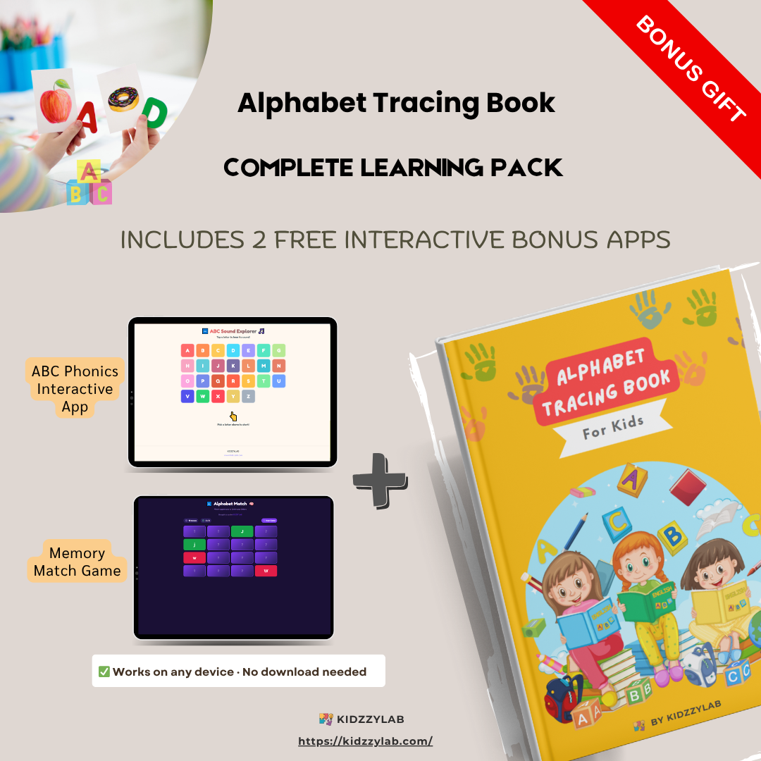 Alphabet tracing book with two free interactive apps on a light gray background