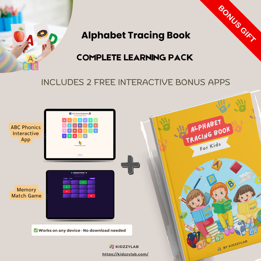 Alphabet tracing book with two free interactive apps on a light gray background