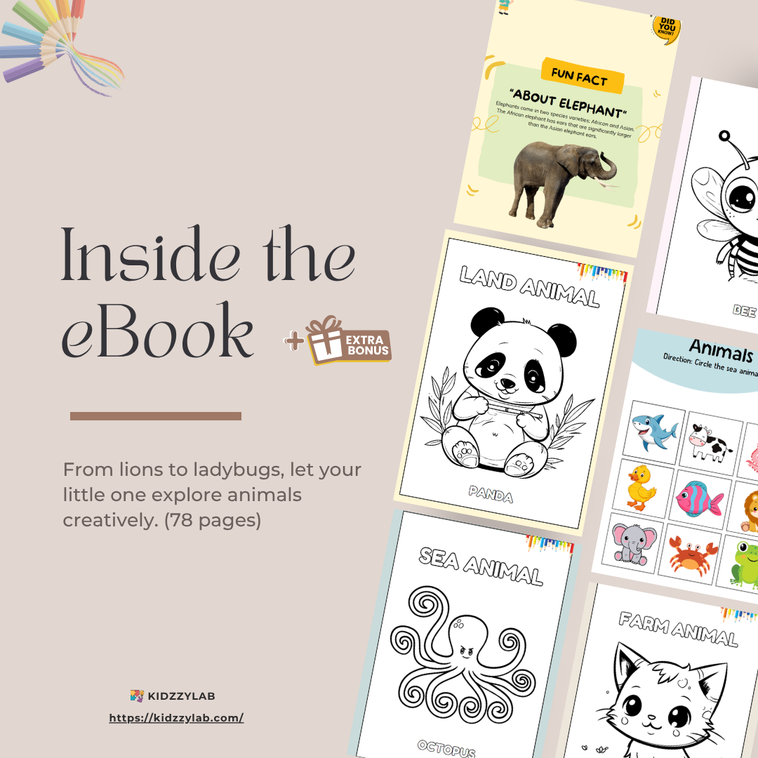 Coloring book pages with animals and educational text on a light background