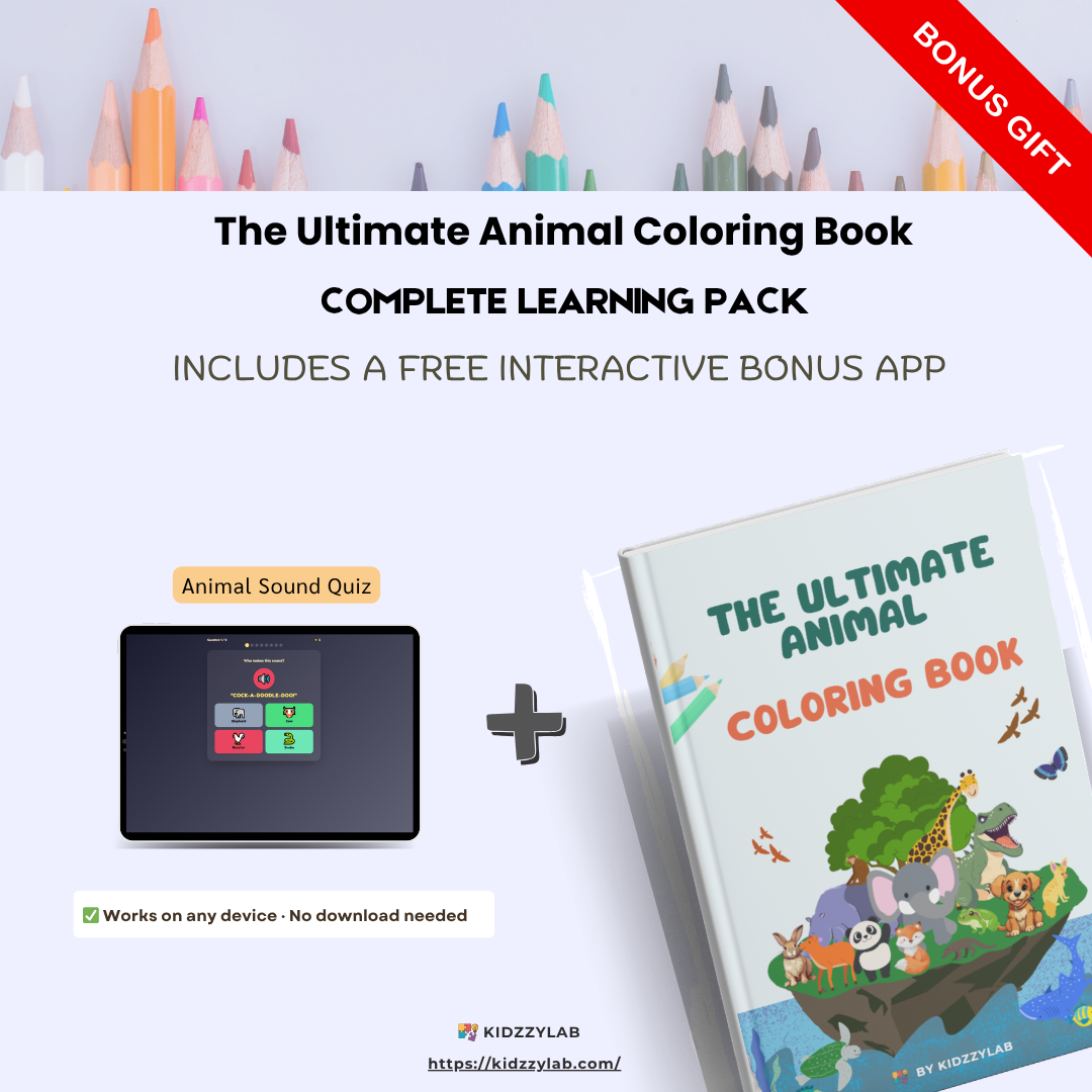 Promotional image of 'The Ultimate Animal Coloring Book' with a free interactive bonus app on a light gray background.