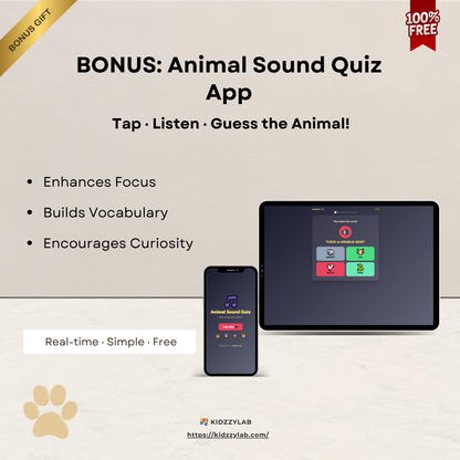 Advertisement for an animal sound quiz app with tablet and smartphone displaying app interface.