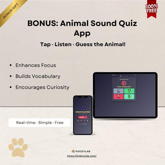 Advertisement for an animal sound quiz app with tablet and smartphone displaying app interface.