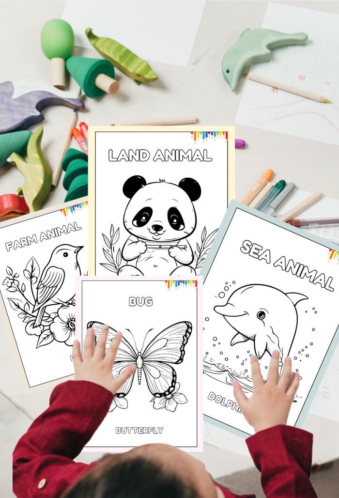 Coloring pages with animals and a child's hands coloring a butterfly.