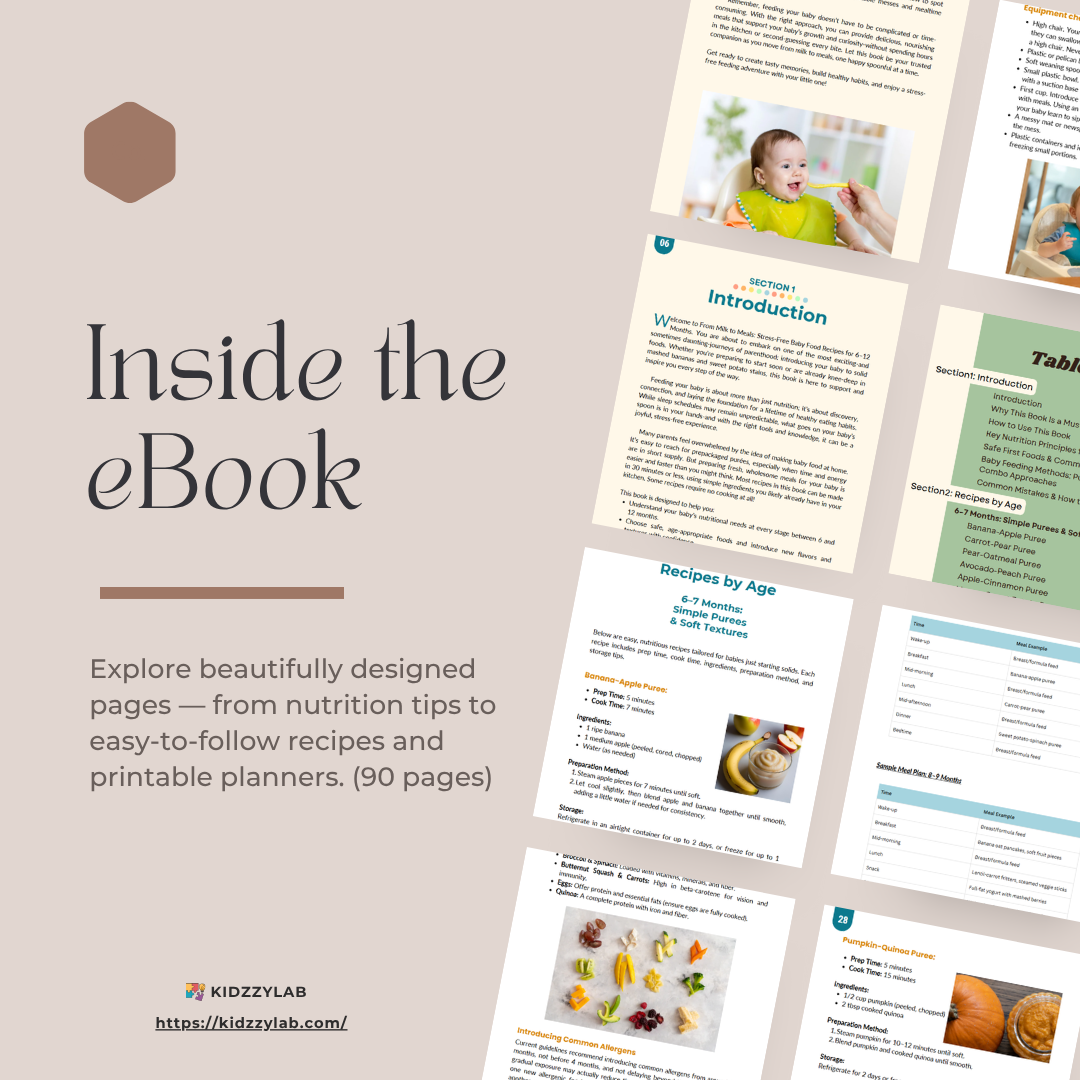 Preview of interior ebook pages including baby food recipes and feeding planner