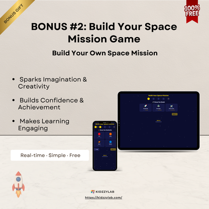 Promotional graphic for a space mission game with tablet and smartphone displaying the app interface.