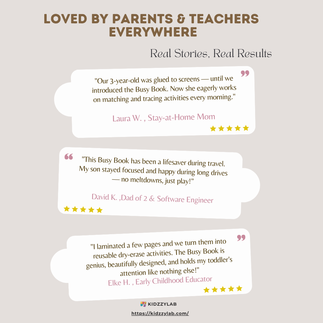 Reviews of a Busy Book for children on a light gray background