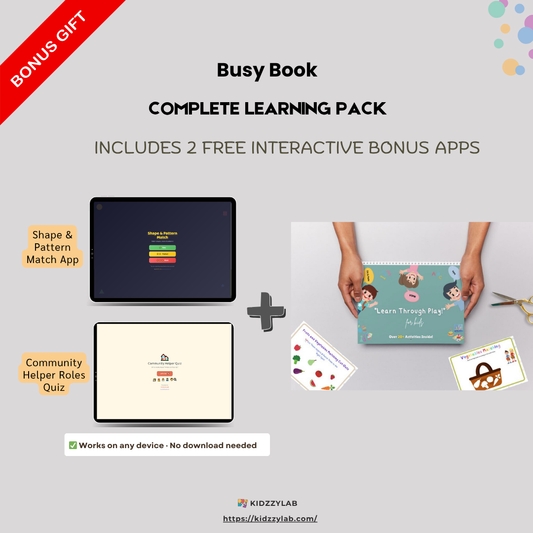 Busy Book Complete Learning Pack with digital app and physical materials on a gray background