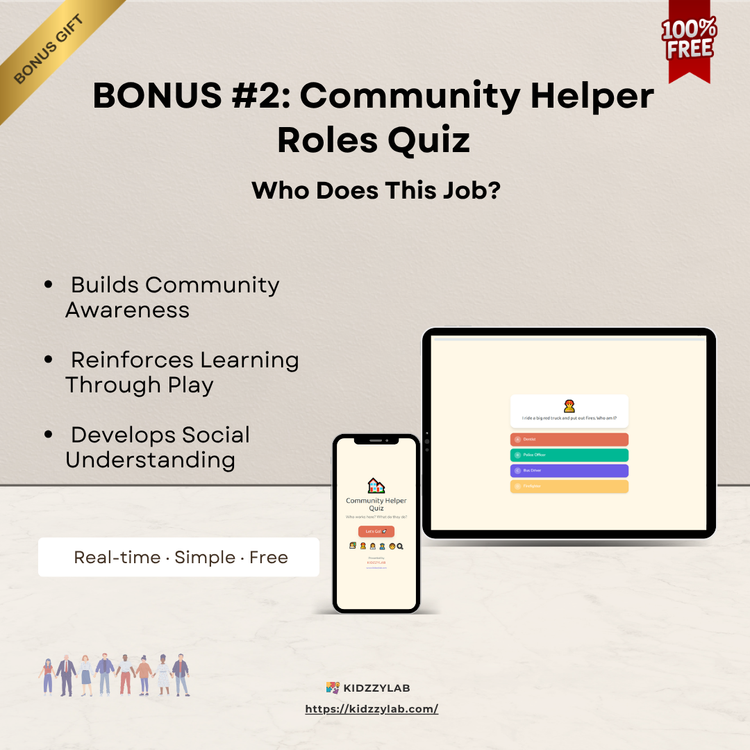 Promotional graphic for a Community Helper Roles Quiz with a tablet and smartphone displaying the app interface.