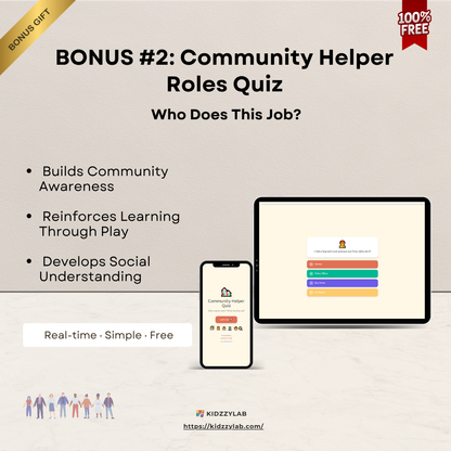 Promotional graphic for a Community Helper Roles Quiz with a tablet and smartphone displaying the app interface.