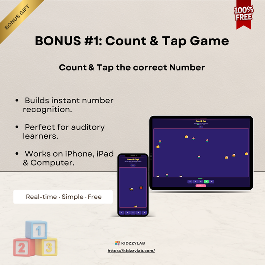 Promotional graphic for a 'Count & Tap' educational app with tablet and smartphone display.