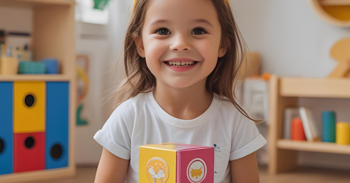 Child holding a book in a classroom setting with educational materials in the background