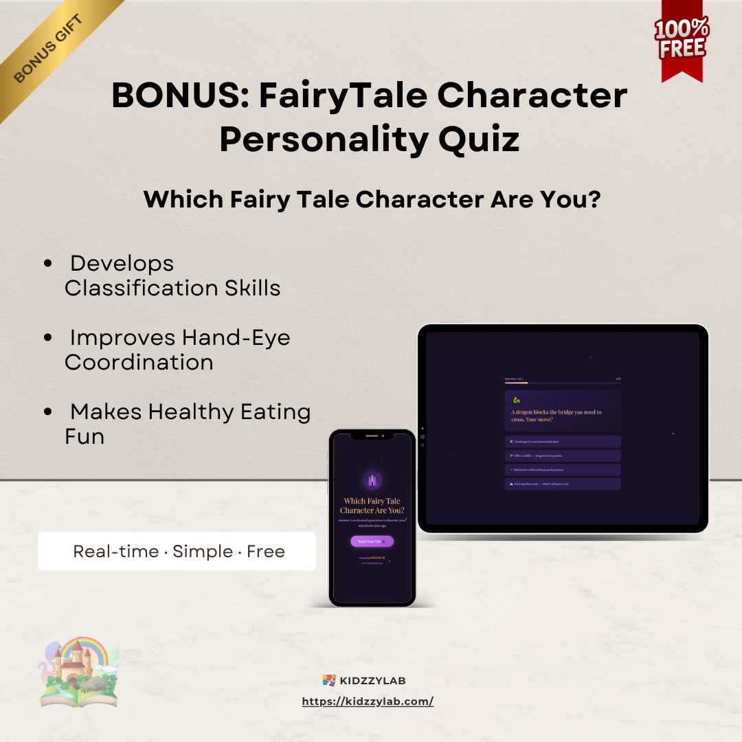 Promotional graphic for a fairy tale character personality quiz with smartphone and tablet displaying the app.