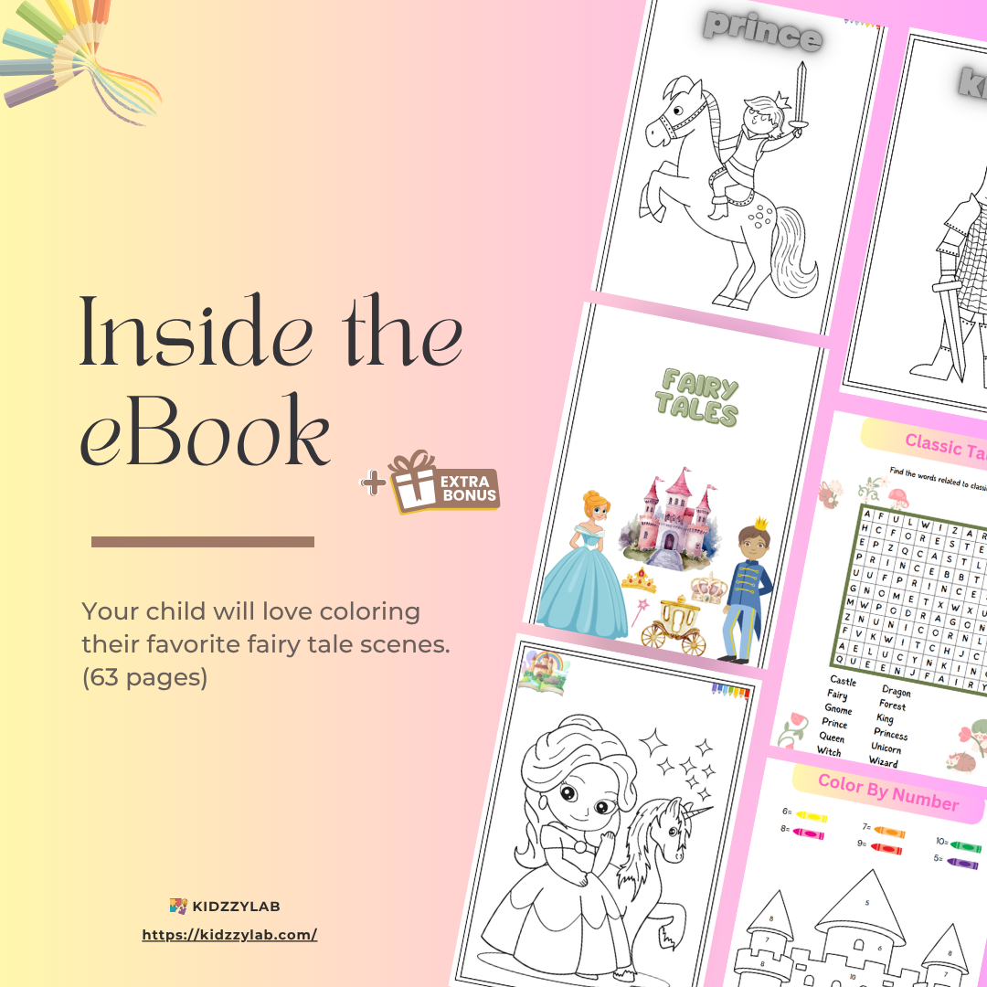 Coloring book pages with fairy tale characters on a pink background