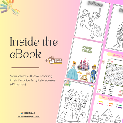 Coloring book pages with fairy tale characters on a pink background