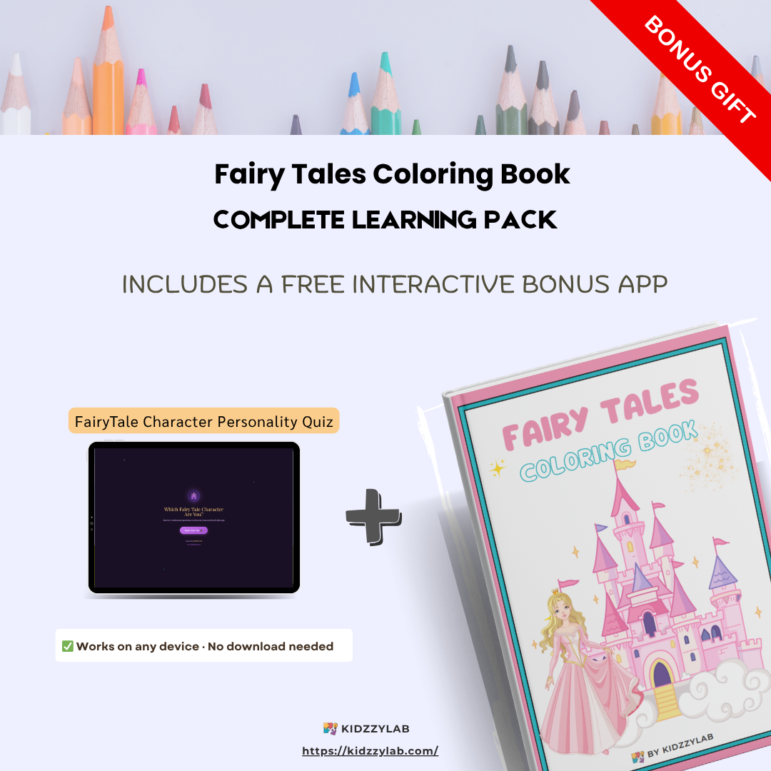 Fairy Tales Coloring Book complete learning pack with a free interactive bonus app on a white background.