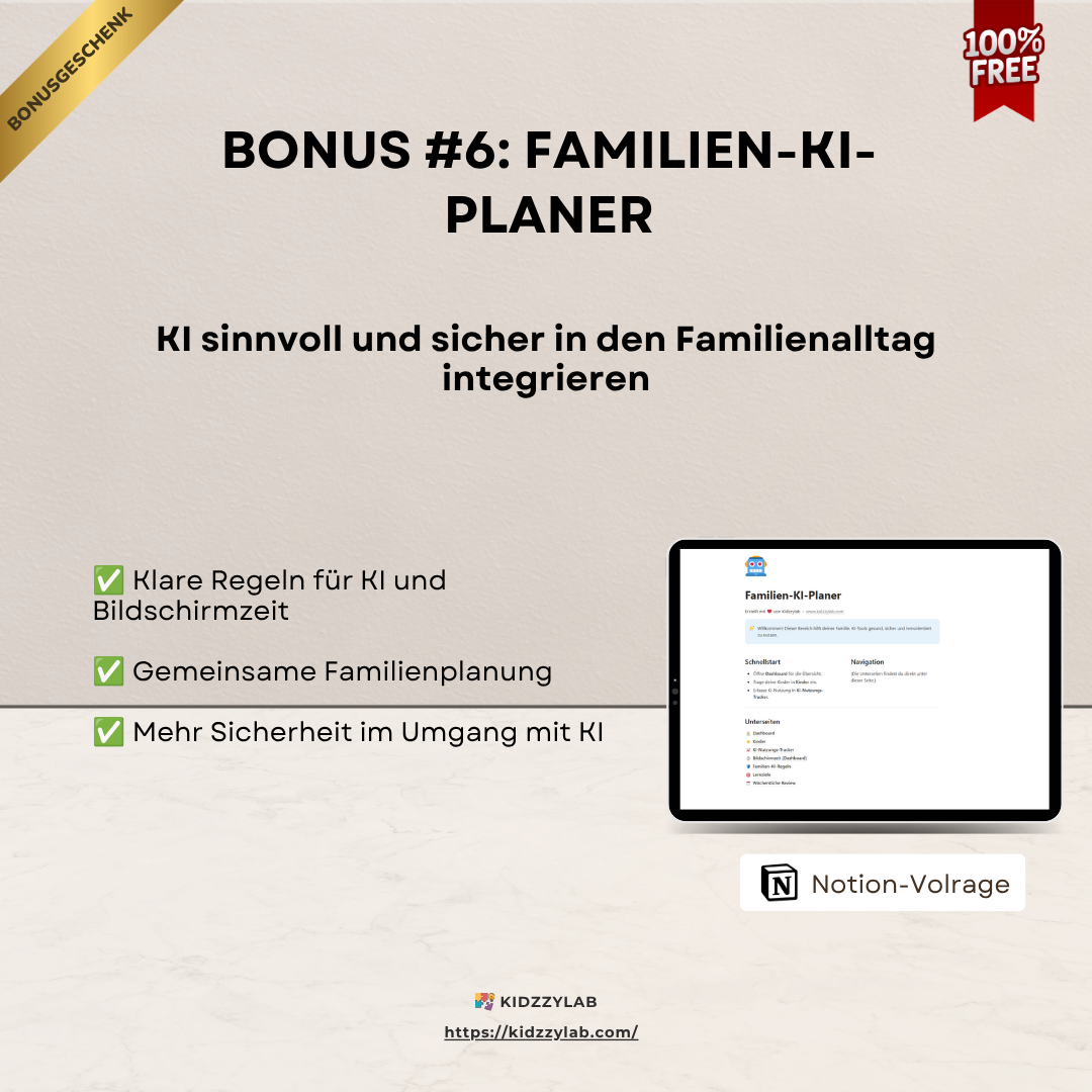 Promotional graphic for a 'Familien-KI-Planer' with a tablet displaying the Notion-Vorlage app on a beige background.