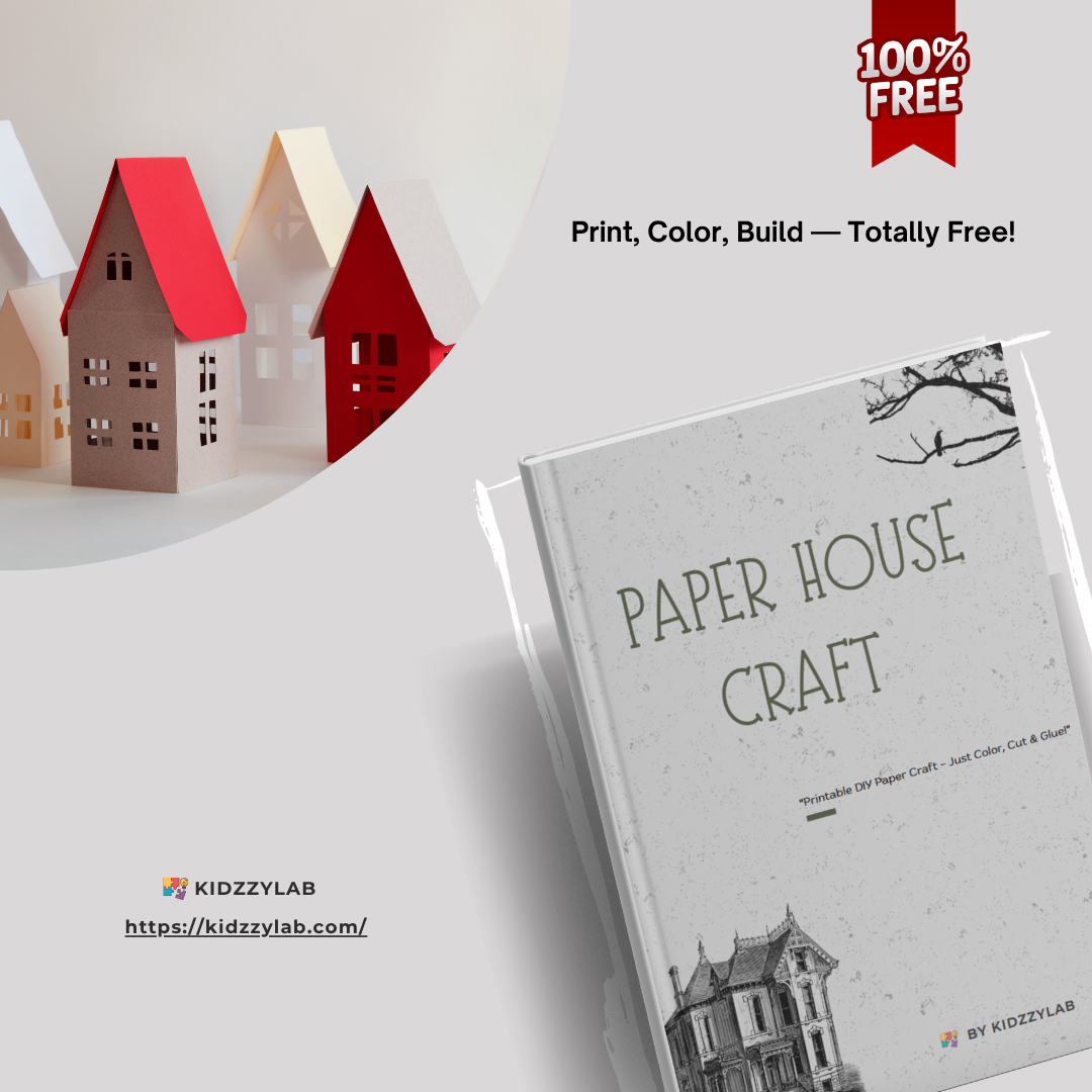 Paper house craft kit with houses and promotional text on a white background