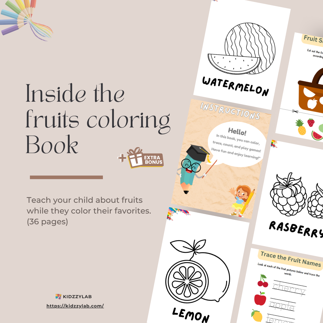 Fruits coloring book with pages of watermelon, lemon, and raspberry, plus a bonus page with a character and text.