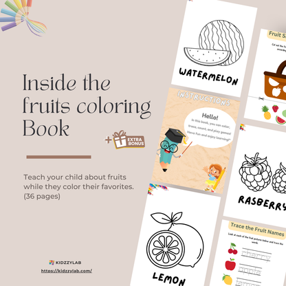 Fruits coloring book with pages of watermelon, lemon, and raspberry, plus a bonus page with a character and text.