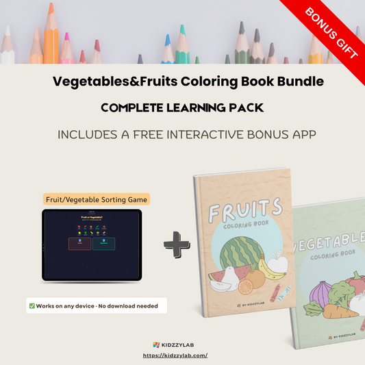 Coloring book bundle with fruits and vegetables theme, including a free interactive bonus app, on a light gray background.