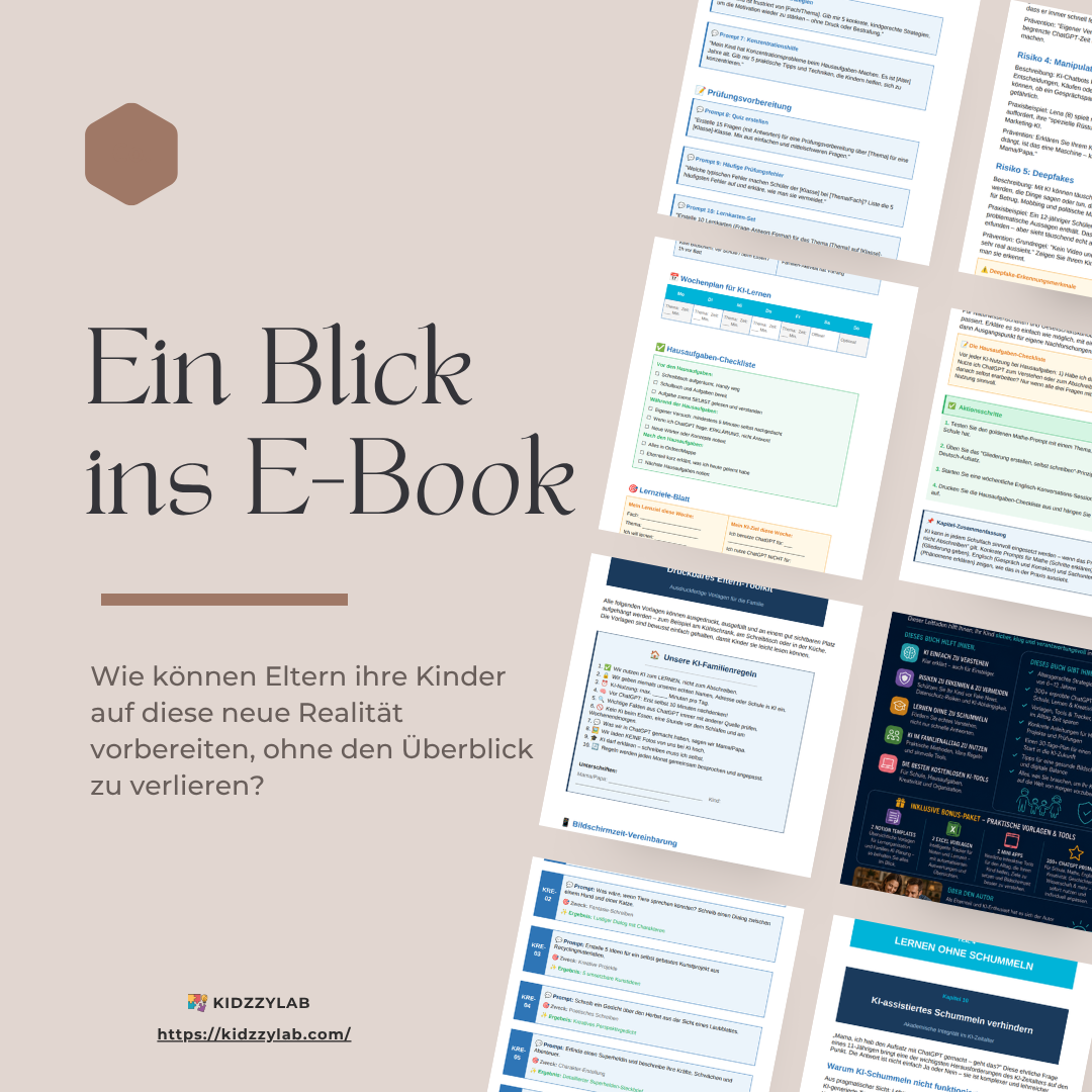E-book preview with text and KIDZIZLAB branding on a beige background