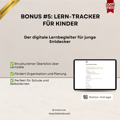 Promotional graphic for a digital learning tracker for children with tablet displaying app interface.