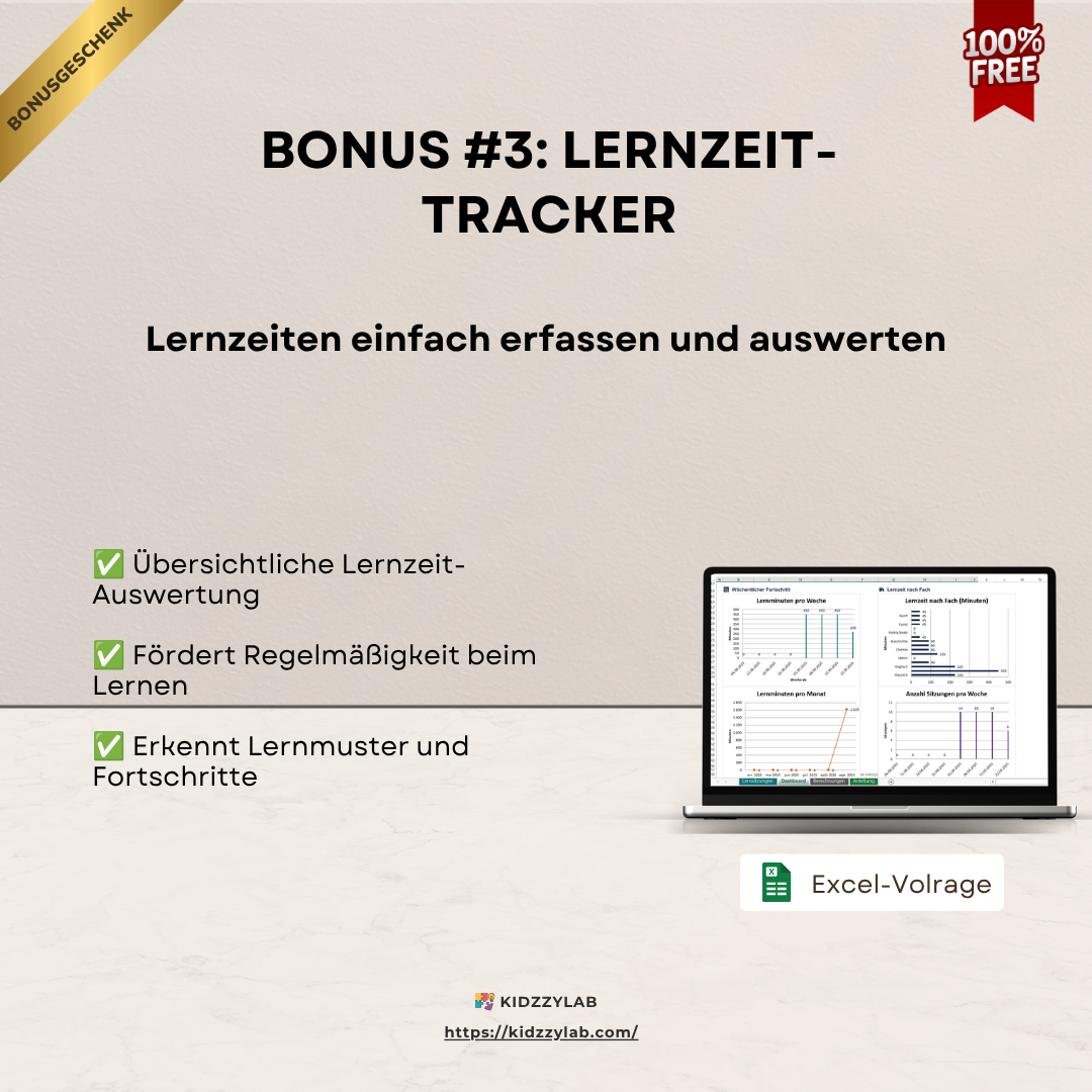 Advertisement for a learning time tracker with a laptop displaying graphs on a light gray background.