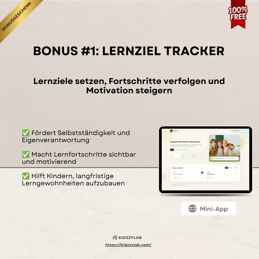 Advertisement for a learning goal tracker app with a tablet displaying an interface, on a light gray background.