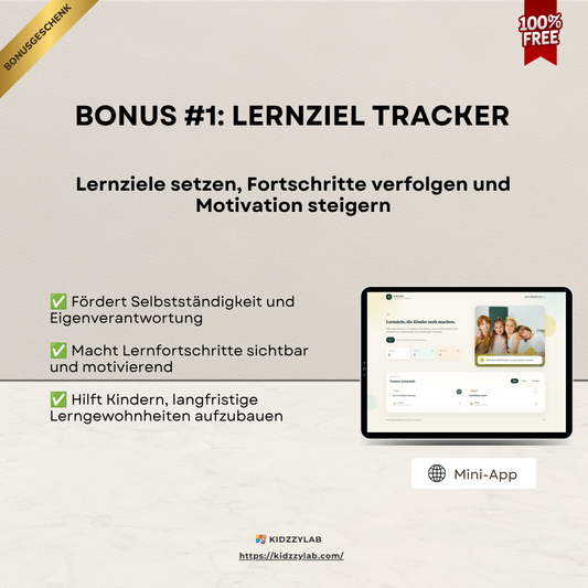 Advertisement for a learning goal tracker app with a tablet displaying an interface, on a light gray background.