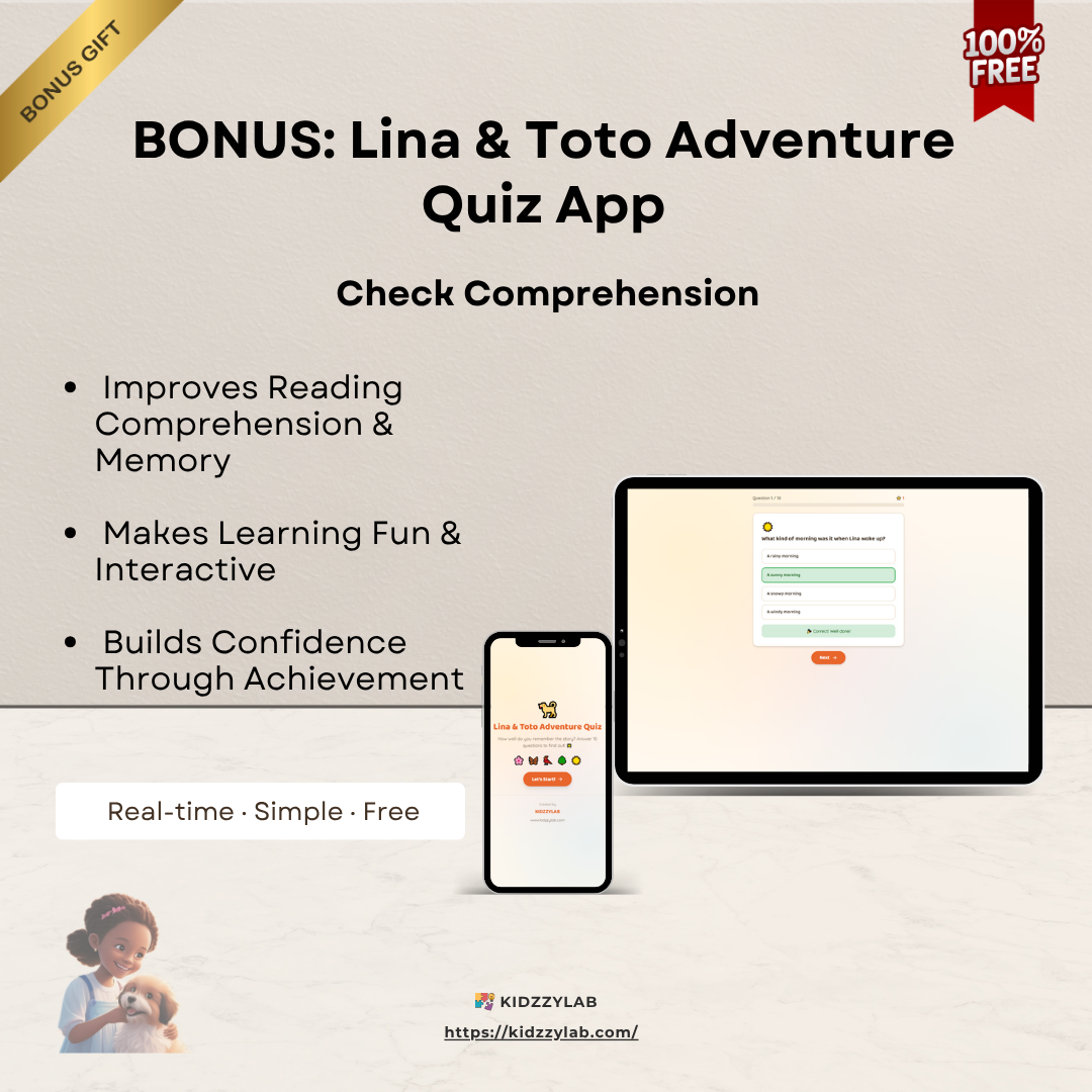 Promotional graphic for a Lina& Toto Adventure Quiz with a tablet and smartphone displaying the app interface.