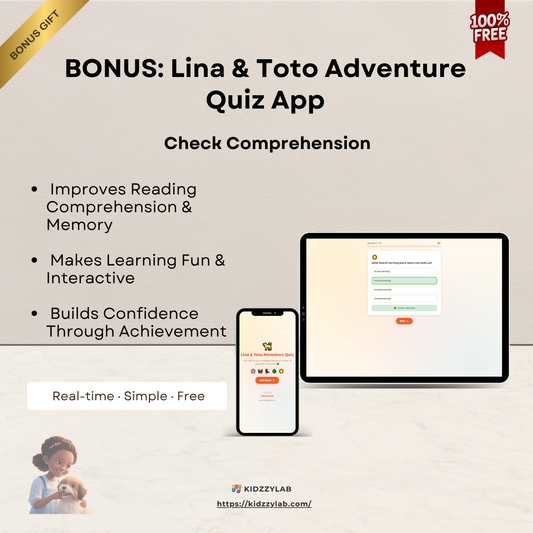 Promotional graphic for a Lina& Toto Adventure Quiz with a tablet and smartphone displaying the app interface.