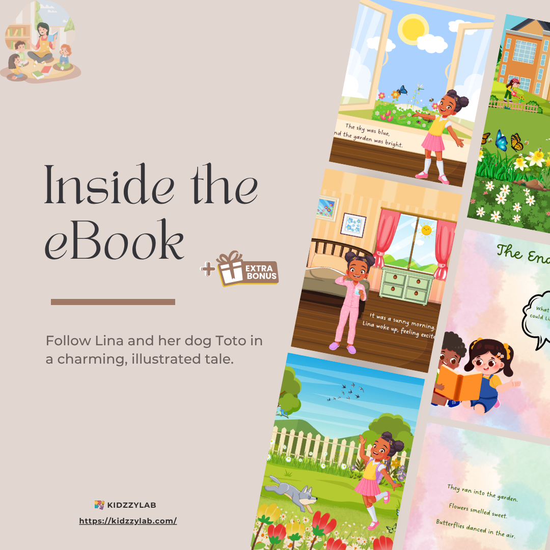 Illustrated pages from an eBook featuring a character and her dog, with text promoting the eBook and KIDZLYLAB brand.