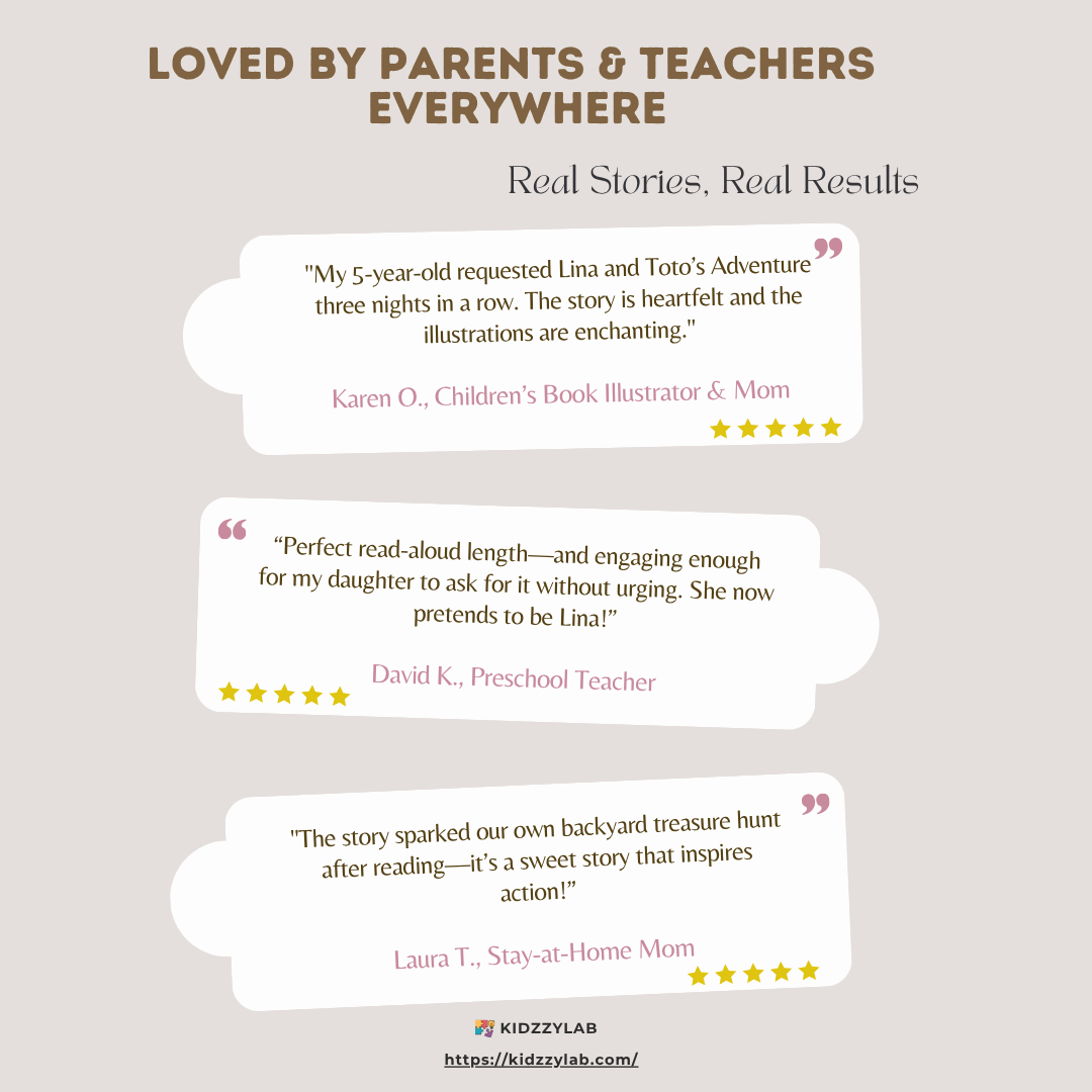 Reviews of a children's book with positive feedback from parents and teachers on a light gray background.