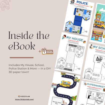 KiddizyLab eBook with DIY paper craft templates for a 3D paper town including house, school, police station, and more.