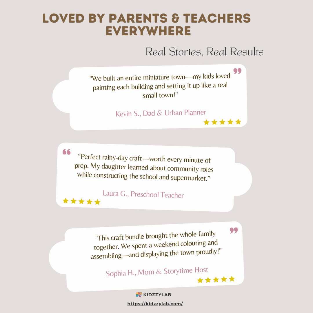 Reviews from parents and teachers on a light gray background with KIDZLYZAS branding.