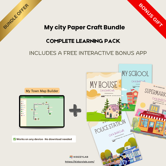 My City Paper Craft complete learning pack with interactive app on a beige background