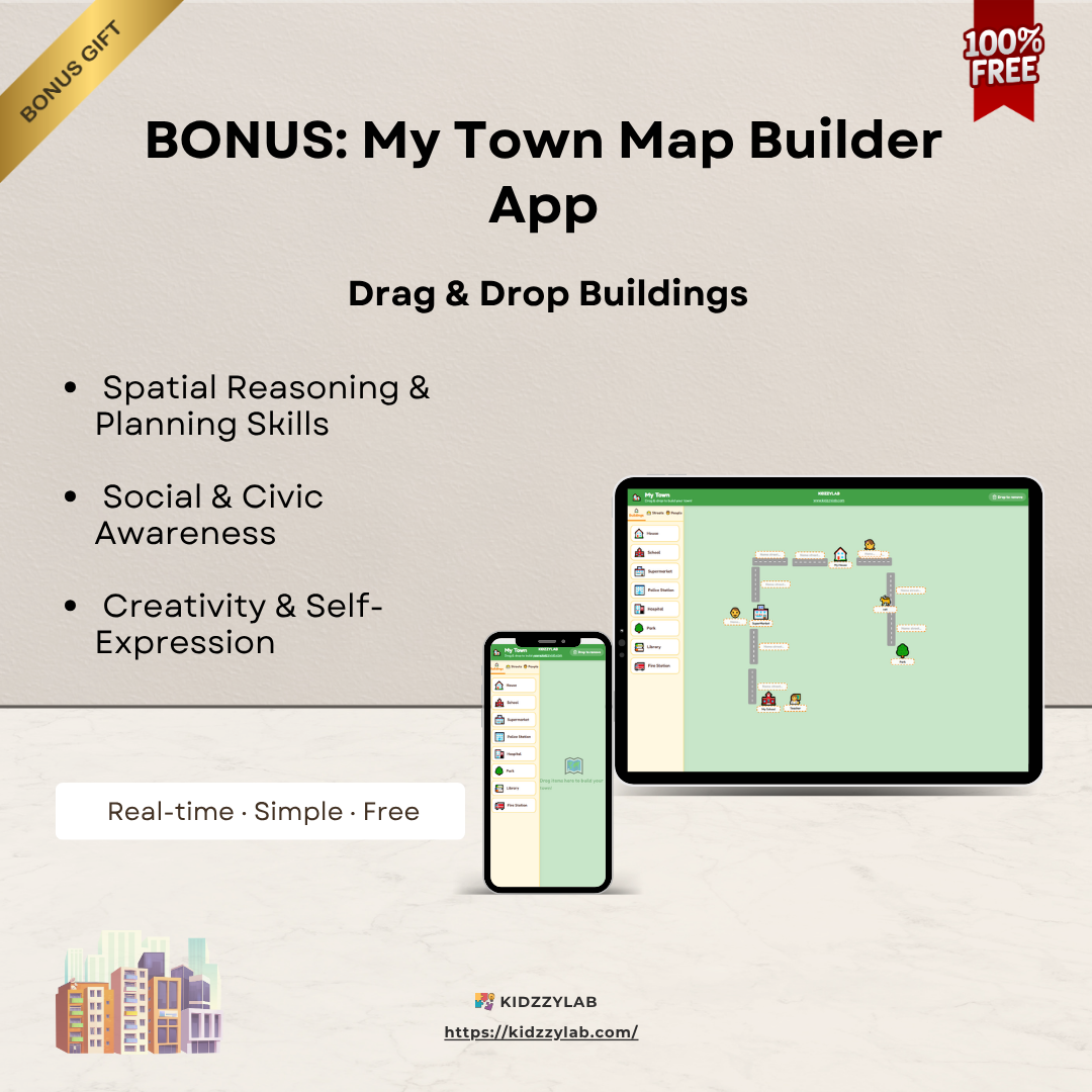 Promotional graphic for a My Town Map Builder App with a tablet and smartphone displaying the app interface.