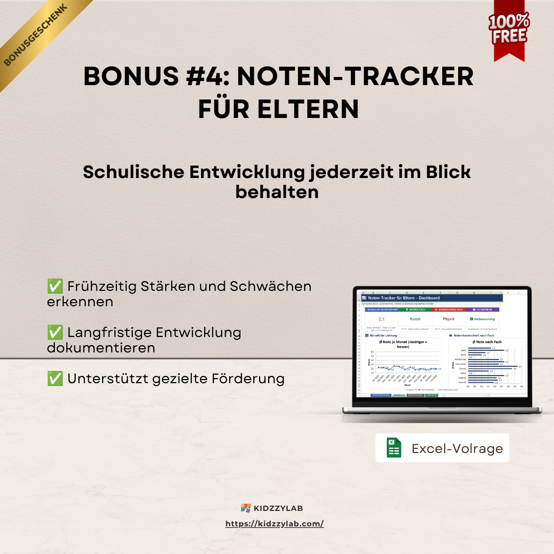 Advertisement for a 'Bonus #4: Noten-Tracker für Eltern' with a laptop screen displaying an Excel-Vorlage, on a beige background.