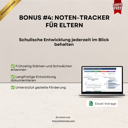 Advertisement for a 'Bonus #4: Noten-Tracker für Eltern' with a laptop screen displaying an Excel-Vorlage, on a beige background.