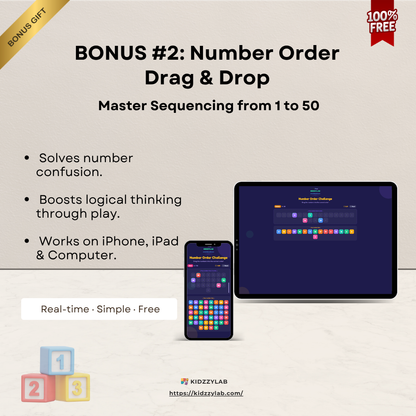 Promotional graphic for a number order drag and drop educational app with tablet and phone display.