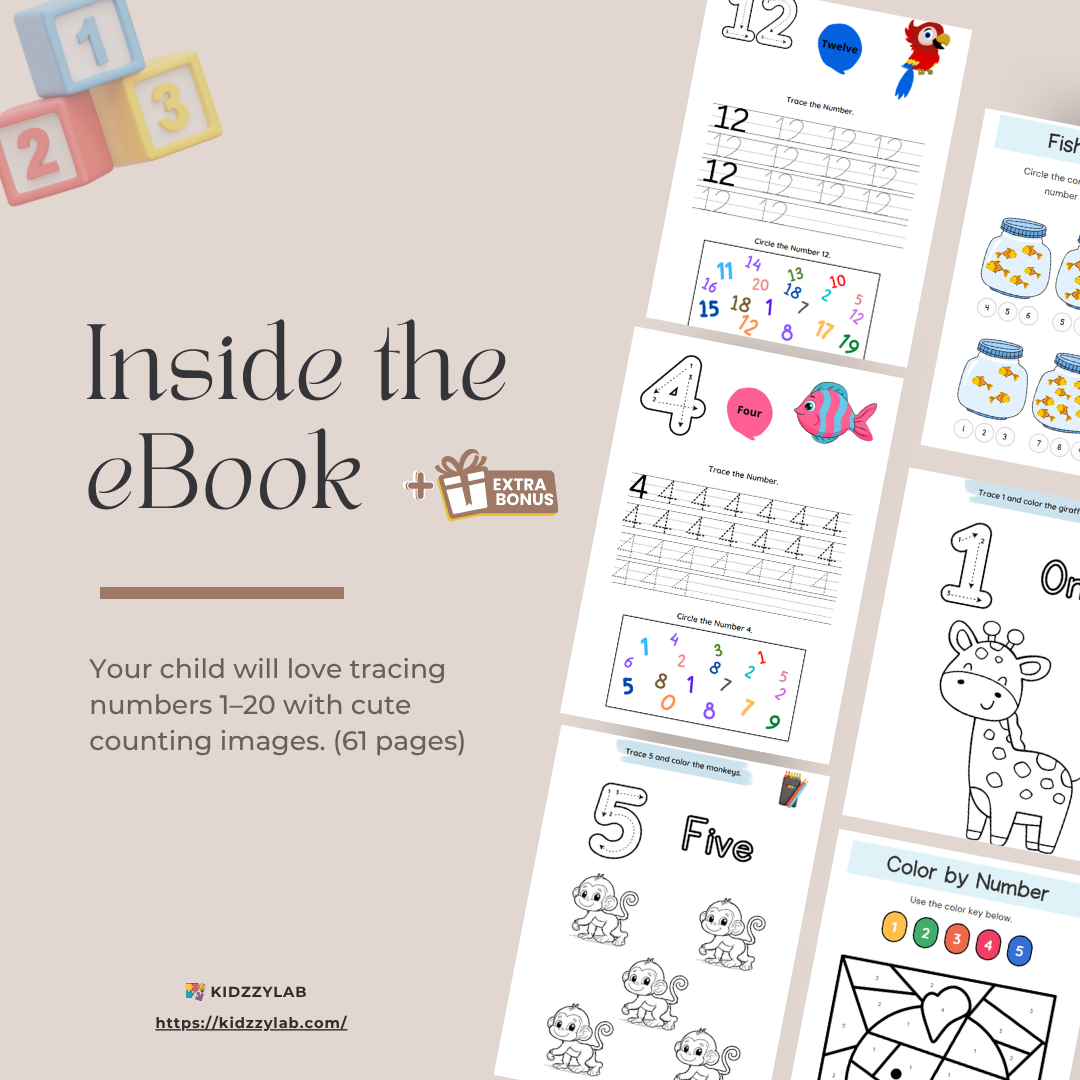 Children's educational worksheets with numbers and counting images on a beige background, featuring the brand 'KiddizyLab'.