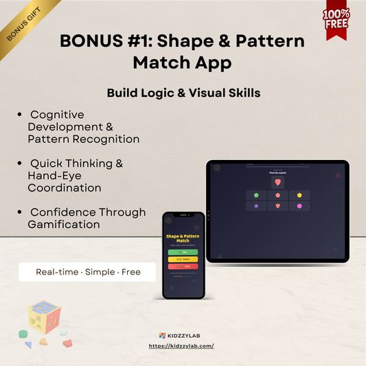 Advertisement for a 'Shape & Pattern Match App' by KIDZLAB with tablet and smartphone displaying app interface.