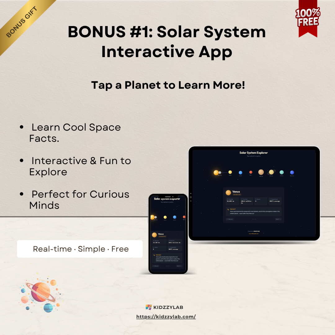 Solar System Interactive App promotion with tablet and smartphone on a beige background
